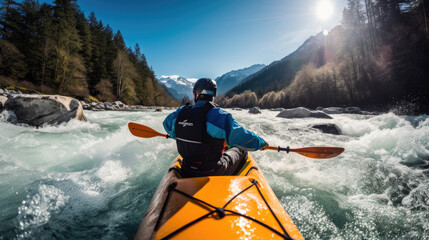whitewater kayaking, down a white water rapid river in the mountains  - obrazy, fototapety, plakaty