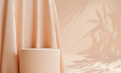 podium table with beige curtain in background for cosmetic product display, 3d illustration