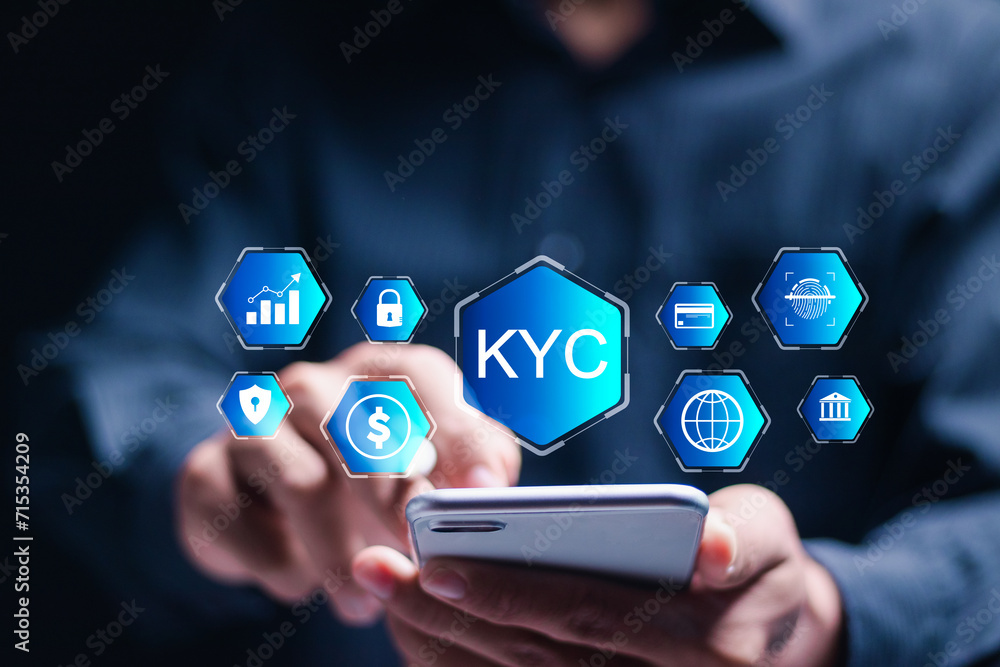 Poster know your customer concept. person use smartphone with virtual kyc icon. business verifying the iden