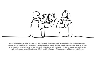 Continuous line design of a doctor showing a patient's x-ray results. . Single line decorative elements drawn on a white background.