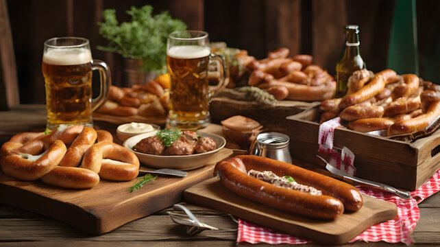 A mouthwatering portrayal of Oktoberfest food : traditional sausages, frothy beer mugs - AI