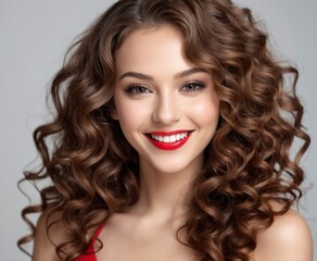 Beautiful smiling woman with long wavy hair . Girl curly hairstyle and red manicure nails 
