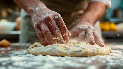 Pizza Process Dough Preparation Close-up shots of the hands kneading and stretching pizza dough on a floured surface, emphasizing the tactile and hands-on nature of the process