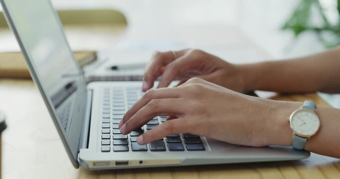 Hands, typing and laptop for work in office, digital and reading article on computer for research. Person, technology and keyboard for writing email, internet and blogging on desk for company website