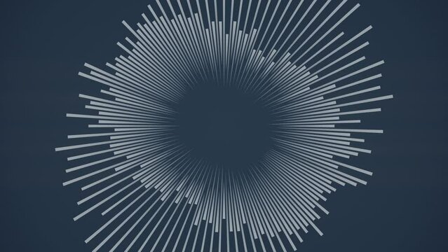 Digital seamless loop animation of a circular pattern of radially arranged white stripes on a blue background. Dynamic composition. Modern and minimalistic design. 3d rendering. 4K