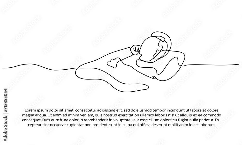 Poster continuous line design of a patient sleeping in bed. single line decorative elements drawn on a whit