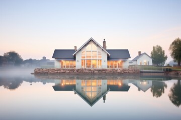 reflective photo of cottage in nearby lake at dawn - obrazy, fototapety, plakaty