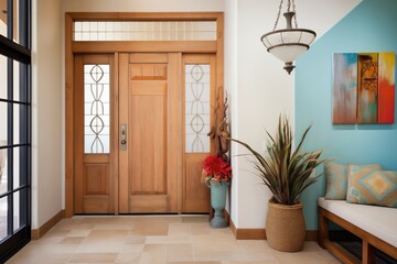 tudorstyle entryway with ornate wooden door