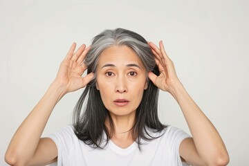 白髪を気にしている日本人女性の写真（白背景・生え際・白髪染め・若返り・グレイヘア）