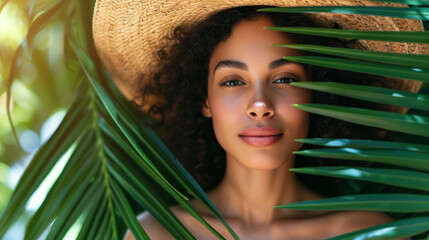 Portrait of a beautiful girl in tropical plants with palm leaves