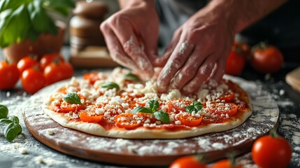 Pizza topping arrangement, with close-ups of hands placing ingredients strategically, creating an appealing and balanced composition.