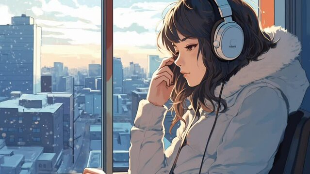 Lofi anime girl listening to music by the window in winter. seamless looping time-lapse 4k animation video