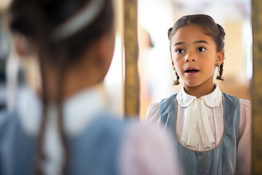 Young Actress Practicing Expressions In Front Of A Mirror