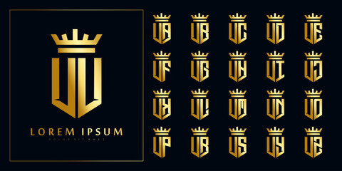 set of initial U collection in shiny gold shield with crown logo design template © nururu