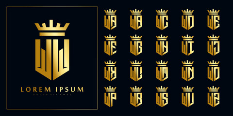 set of initial W collection in shiny gold shield with crown logo design template