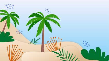Fototapeta na wymiar Colorful colourful vector illustration summer beach background. Vector realistic summer background with vegetation