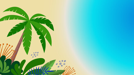 Fototapeta na wymiar Colorful colourful vector hello summer background design with abstract tropical leaves and flower. Vector realistic summer background with vegetation