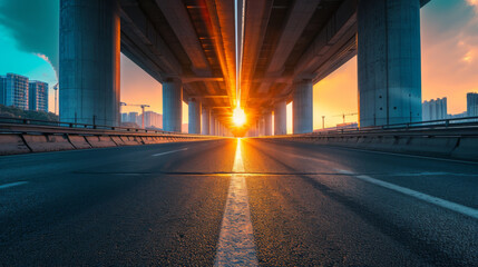 Empty highway in the middle of city at sunset - obrazy, fototapety, plakaty