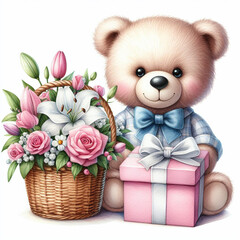 watercolor painting of a teddy bear holding a basket of flowers and a gift box. The teddy bear is a soft, light pink color with big black button eyes and a black nose. It is wearing a blue bow tie.