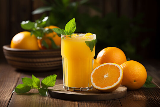 Orange juice in glass with oranges generated.AI
