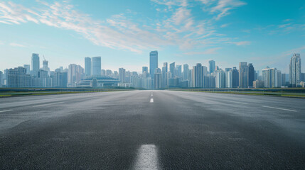 Fototapeta premium An empty road with skyscrapers in the background,