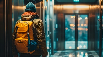 Obraz premium man on vacation with bright luggage with a suitcase and a backpack