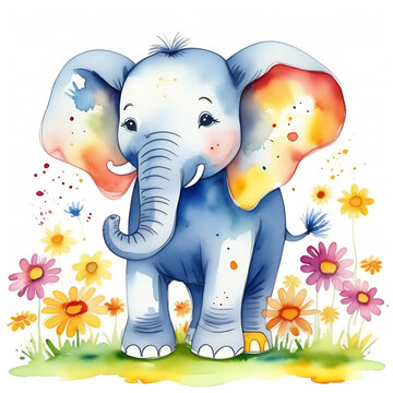 Watercolor little elephant cub with flowers isolated on white background. Sunny image for postcard, greeting or invitation card and etc. 
