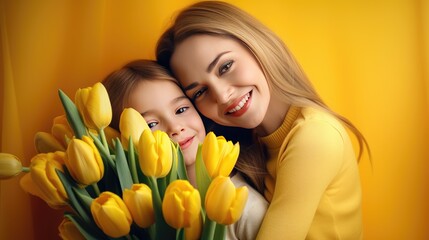 A cute little girl congratulates her mother and gives her a bouquet of tulip flowers on a yellow background. The concept of Mother's Day. Happy family holiday, women's Day. - obrazy, fototapety, plakaty