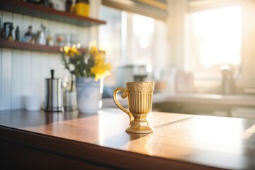 Fototapeta na wymiar golden cup on a desk with morning light