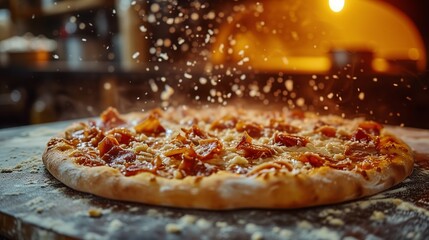 Pizza being placed in a preheated oven, capturing the anticipation and transformation as the pizza bakes to perfection - obrazy, fototapety, plakaty