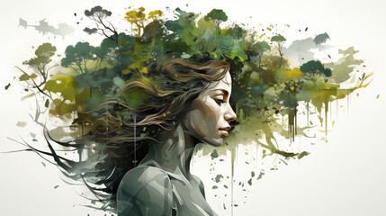 portrait of a woman with flowers, Creative Artwork Highlighting Human Contribution to Ecological Preservation