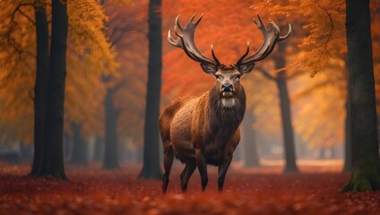 Portrait of majestic red deer stag in Autumn Fall full body