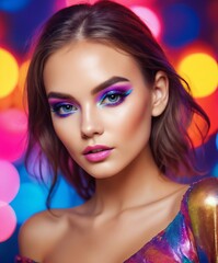 High Fashion model woman in colorful bright lights 