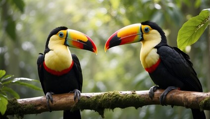 Two toucan tropical bird sitting on a tree branch in natural wildlife environment in rainforest jungle