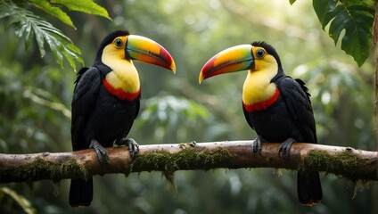 Obraz premium Two toucan tropical bird sitting on a tree branch in natural wildlife environment in rainforest jungle