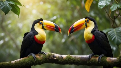 Two toucan tropical bird sitting on a tree branch in natural wildlife environment in rainforest jungle