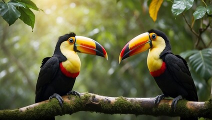 Fototapeta premium Two toucan tropical bird sitting on a tree branch in natural wildlife environment in rainforest jungle