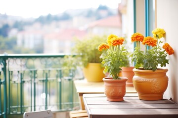marigolds in clay pots on a sunny balcony