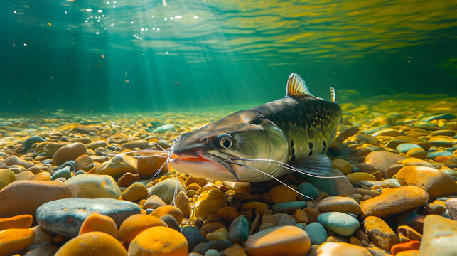 Bright underwater view of a big catfish are swimming  in the clear water with a colorful pebbles , and the sunlight reflects a beautiful light on them.