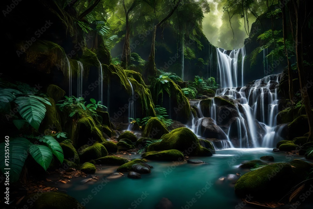 Poster a secluded waterfall hidden deep within a lush rainforest, framed by ancient rocks and vibrant folia