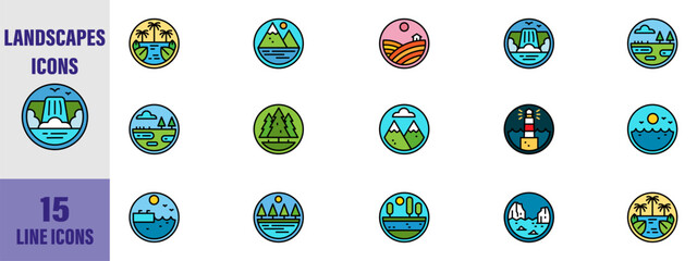 Nature landscapes vector icons set, modern solid symbol collection, filled style pictogram pack. Signs, logo. Set includes icons as forest field, sunset, sunrise, mountain, desert, island. EPS 10