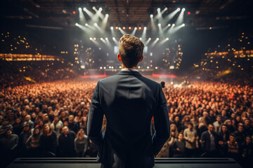 Motivational male speaker standing on stage in front of audience on business event. - obrazy, fototapety, plakaty