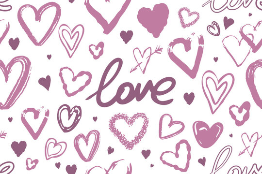 Background with different colored hearts for Valentine's day. Seamless pattern. Love word.
