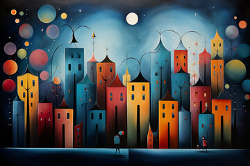Geometric art drawing of magic imaginary world full with color and happiness.