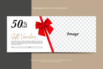 Gift voucher coupon discount with red ribbon minimal modern black and white, promotion for luxury hotel resort and spa travel, elegant beauty, clinic, cosmetic, e-commerce promotion, vector template