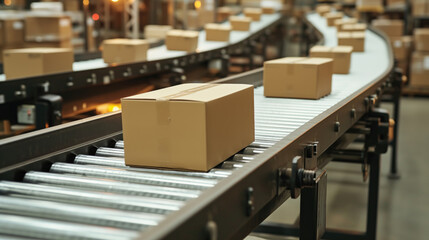 Multiple brown cardboard boxes are placed on the conveyor belt, suggesting a sorting or shipping process, generative ai