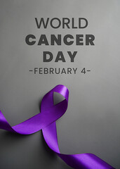 World cancer day, lavender purple ribbon to support people living with cancer. Raise awareness of...