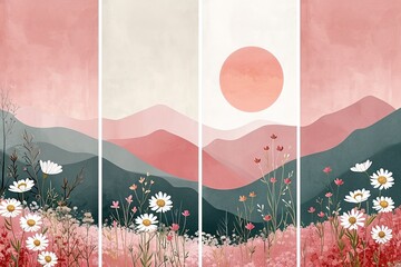 Minimalist abstract colorful clipart print set with mountains, sun, daisies. Softly organic simple lined bold shaped charming tiny core print vector style. Great as web banner, poster design.