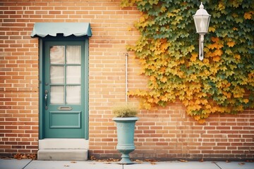 Fototapeta na wymiar brick exterior with ivy walls and a vintage style lamppost