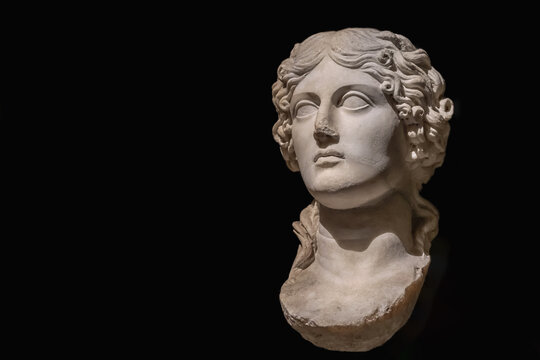 Agrippina the Elder, mother of Caligula. Marble woman head found in Pergamon Ancient city. Isolated, black background, copy space. Nov 30, 2023. Istanbul Archaeology Museum, Turkey (Turkiye)
